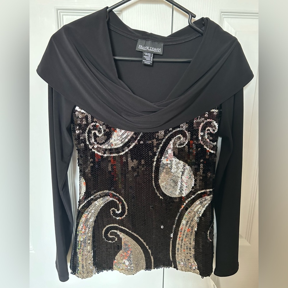 NWT Frank Lyman Sequin Black Top Festive Paisley Silver   New Year Retail $135 - Picture 3 of 8
